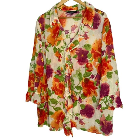 Karen Kane Tops - Karen Kane 3X Ruffle Front Garden Fairy Floral Blouse Orange Pink Vibrant‎ Bold